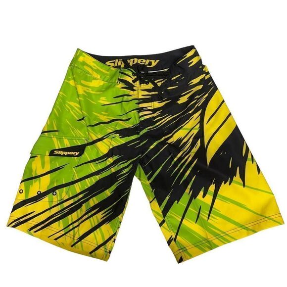 Slippery Board Shorts Solar Tie Front Black Neon Green Yellow Side Pocket Men 30 - Picture 4 of 15